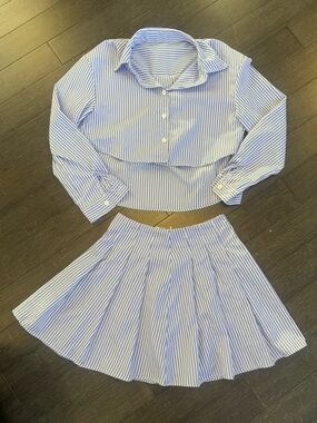 WOMENS 2 PC. MATCHING CO-ORD STRIPED SKIRT SET, SIZE SMALL, WHITE/BLUE